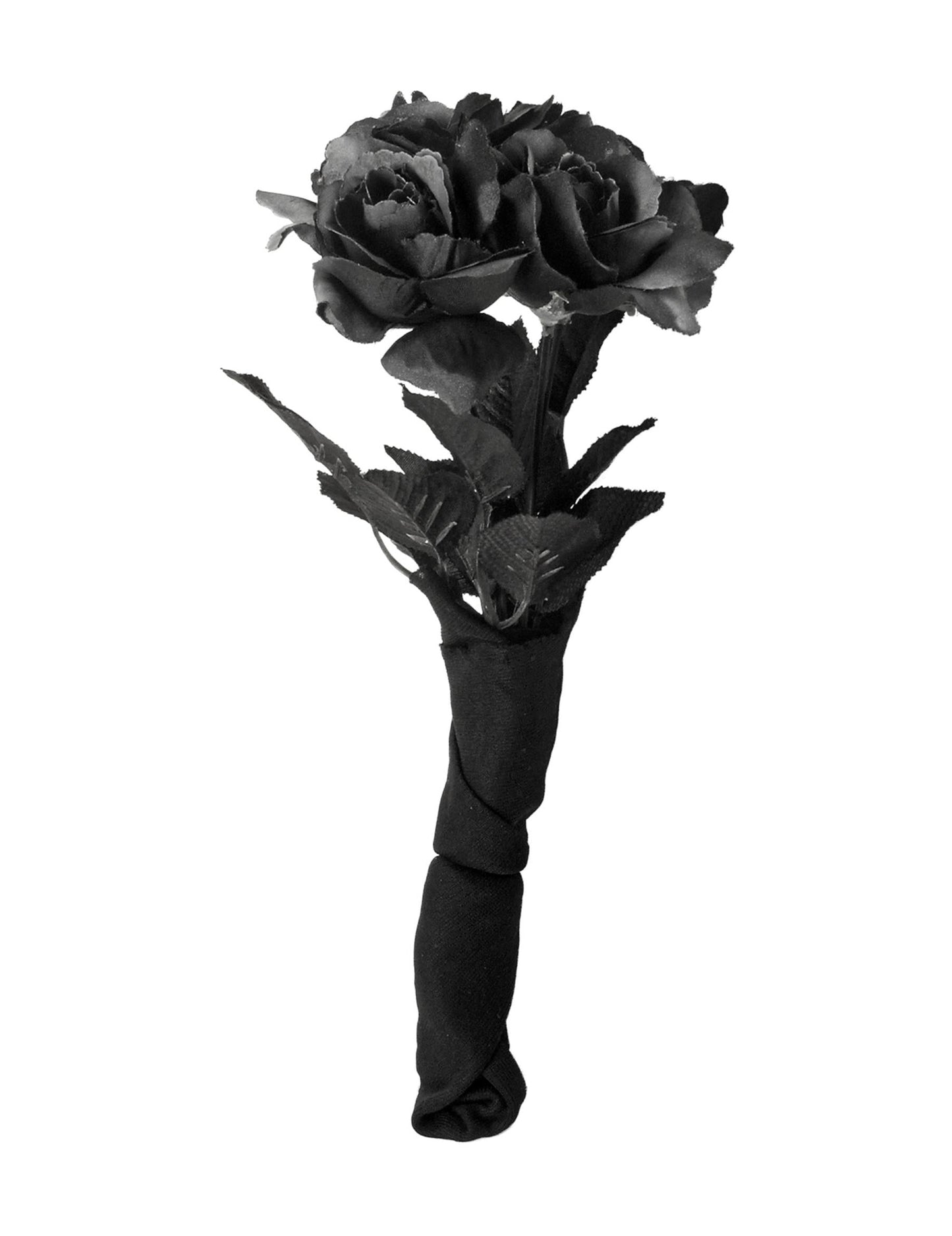 Detaliu al tijelor învelite în țesătură neagră ale buchetului de trandafiri negri
