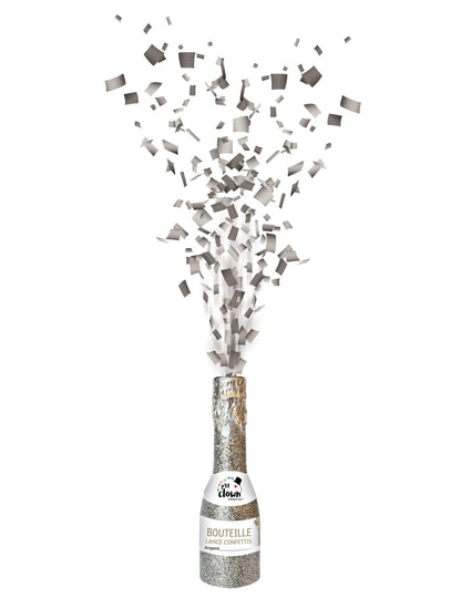 Bouteille argentée canon à confettis 16 cm