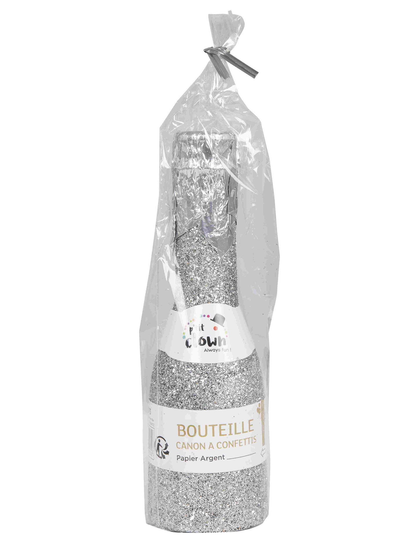 Bouteille argentée canon à confettis 16 cm