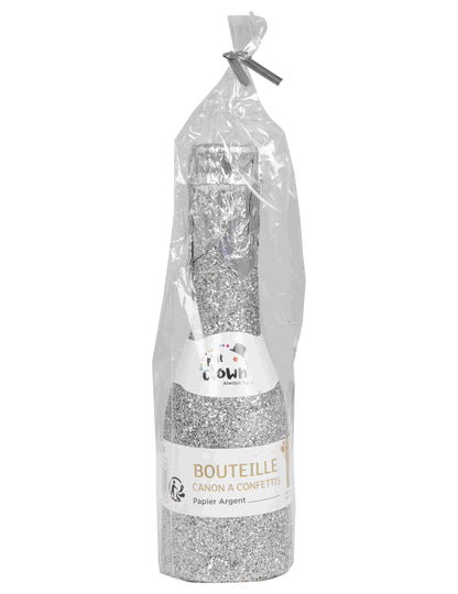 Bouteille argentée canon à confettis 16 cm