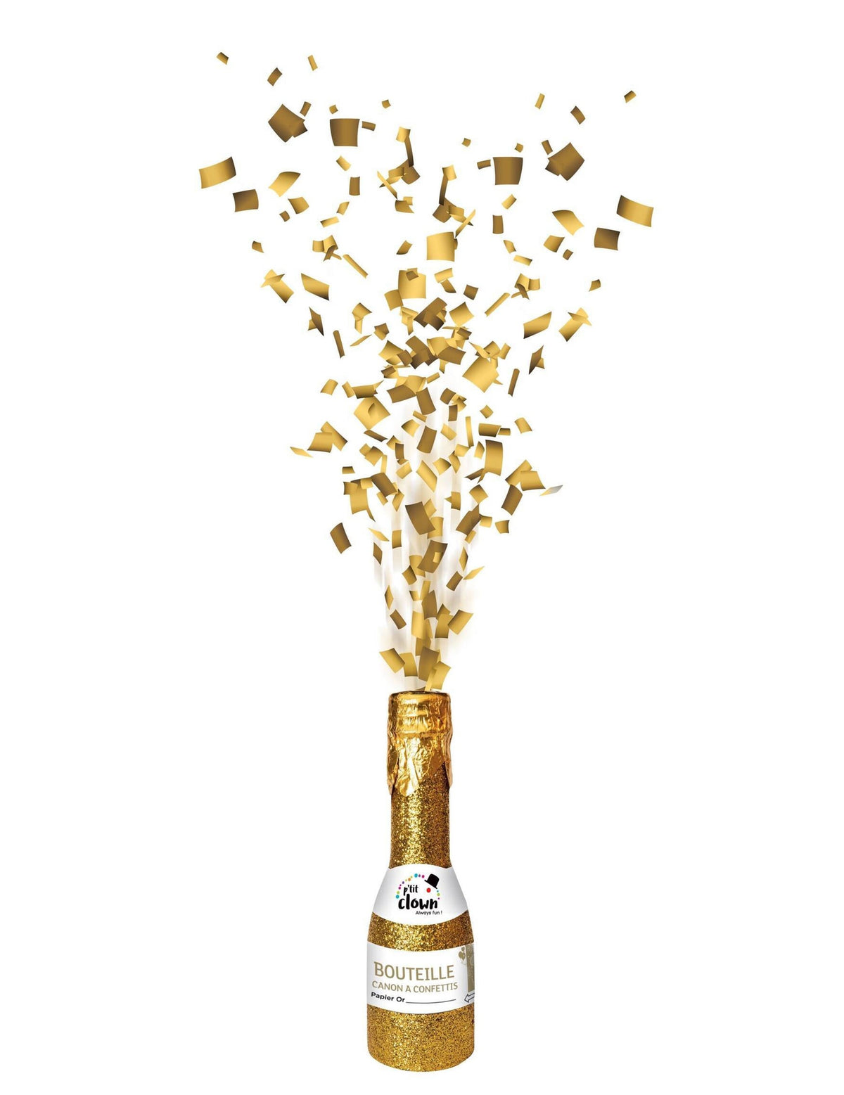 Canon à confettis bouteille pour fête doré avec confettis papier or