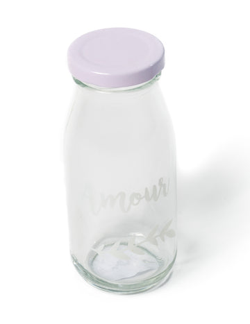 Bouteille en verre candy bar amour pour mariage avec bouchon lilas