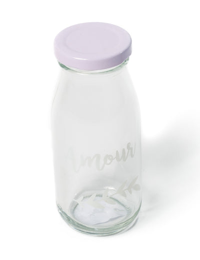 Bouteille en verre candy bar amour pour mariage avec bouchon lilas