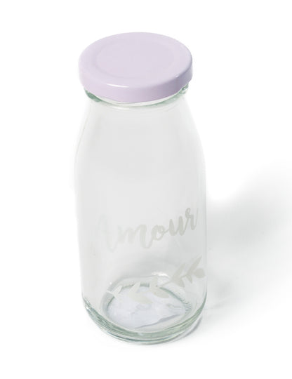 Bouteille en verre candy bar amour pour mariage avec bouchon lilas