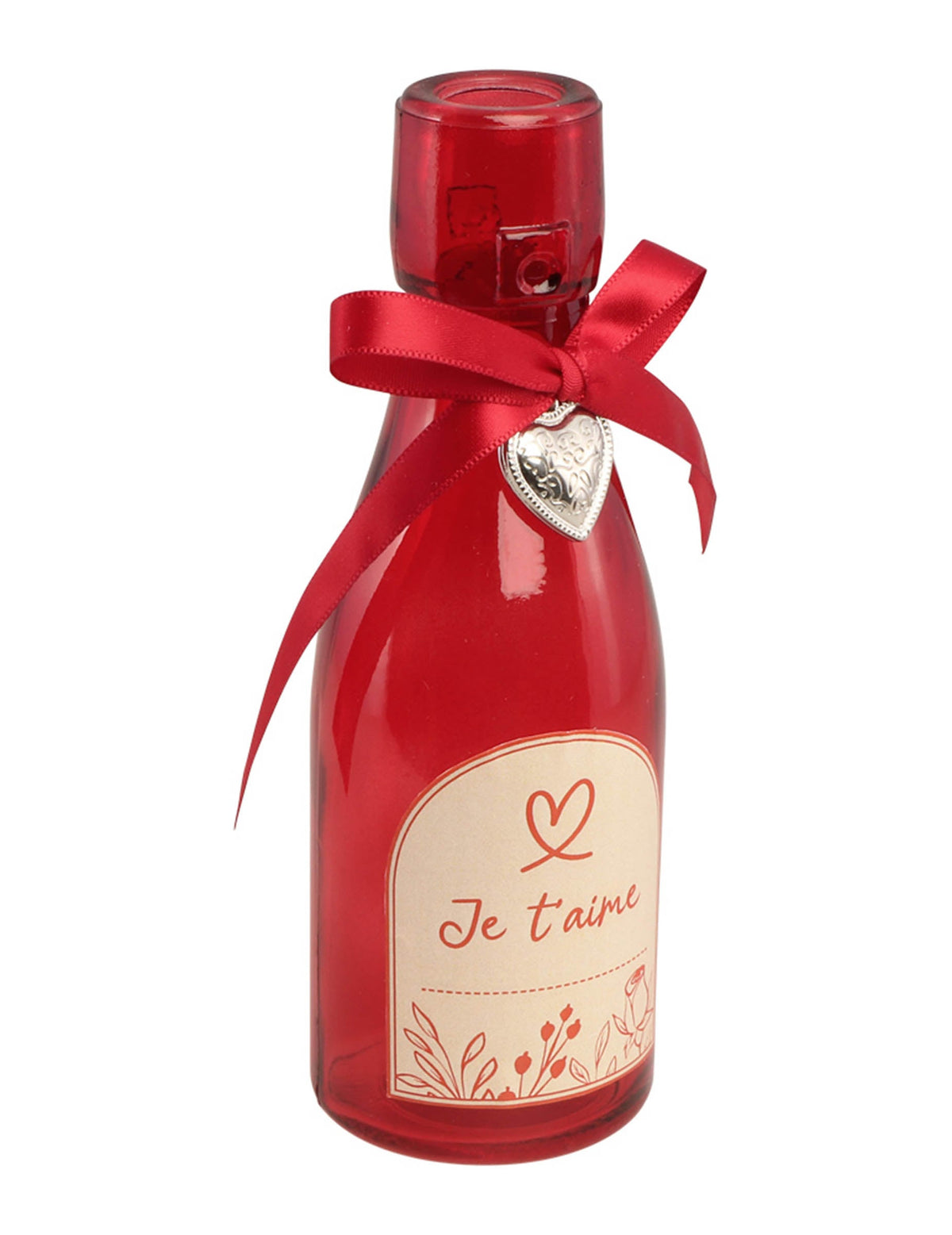 Bouteille en verre coeur Je t'aime rouge avec ruban et pendentif coeur argenté
