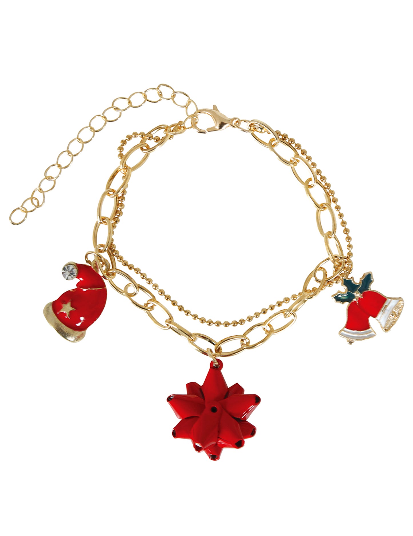 Bracelet métallique motifs de Noël pour femme doré avec breloques rouges