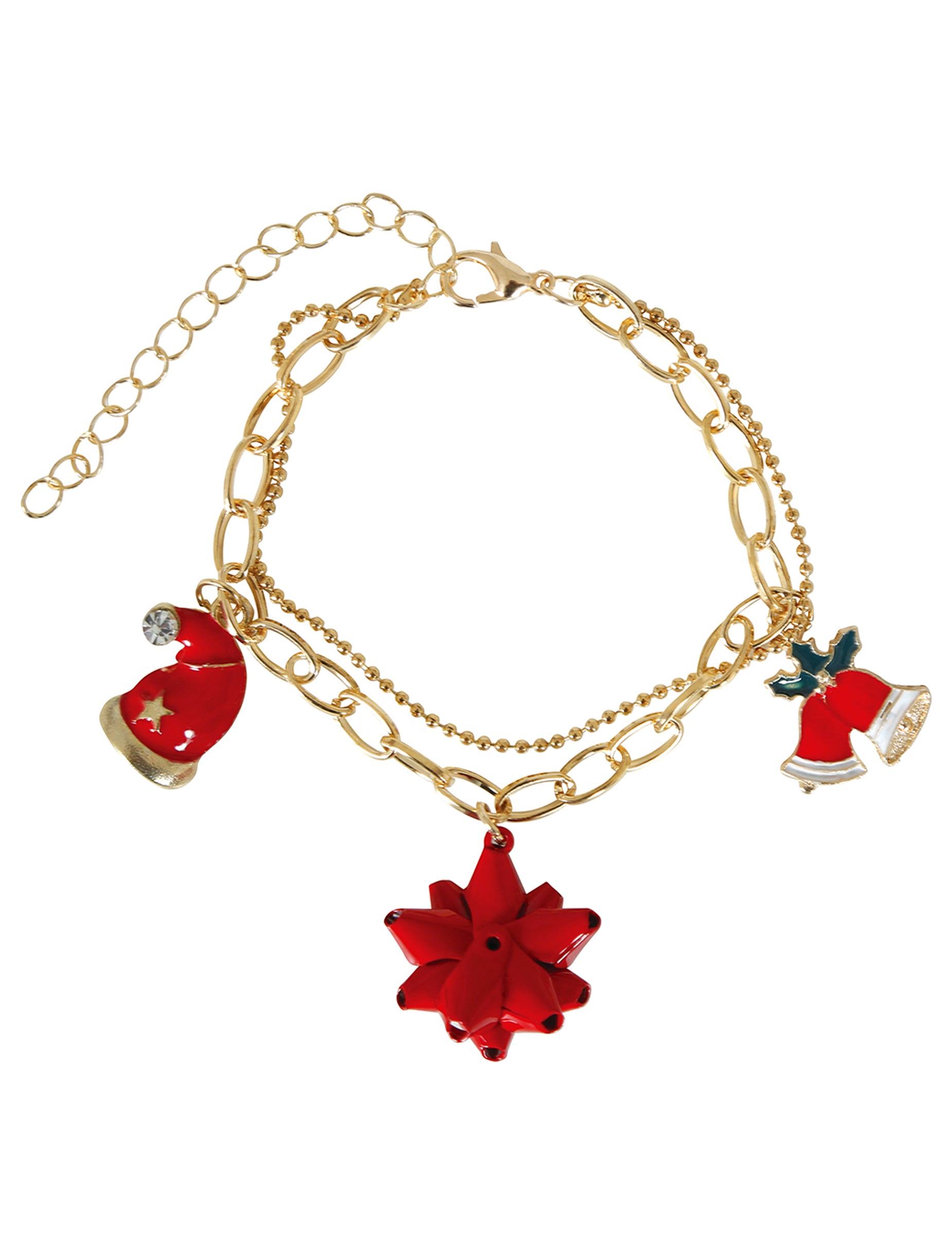 Bracelet métallique motifs de Noël pour femme doré avec breloques rouges