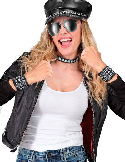 Bracelet motard pour femme noir à clous argentés