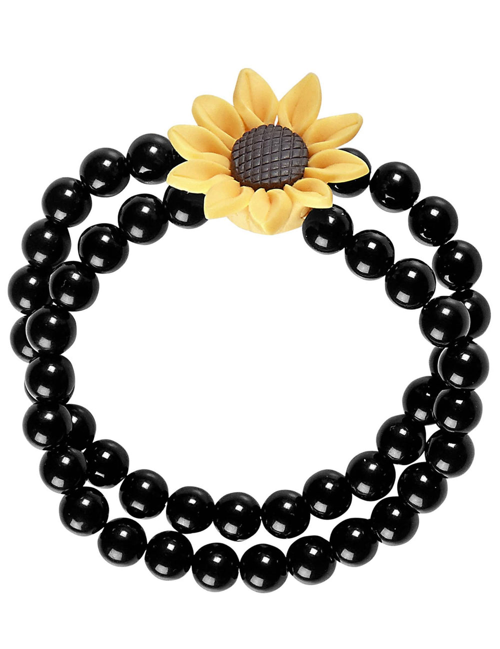 Brățară cu mărgele și floare de floarea-soarelui hippie pentru adult negru cu floare galbenă