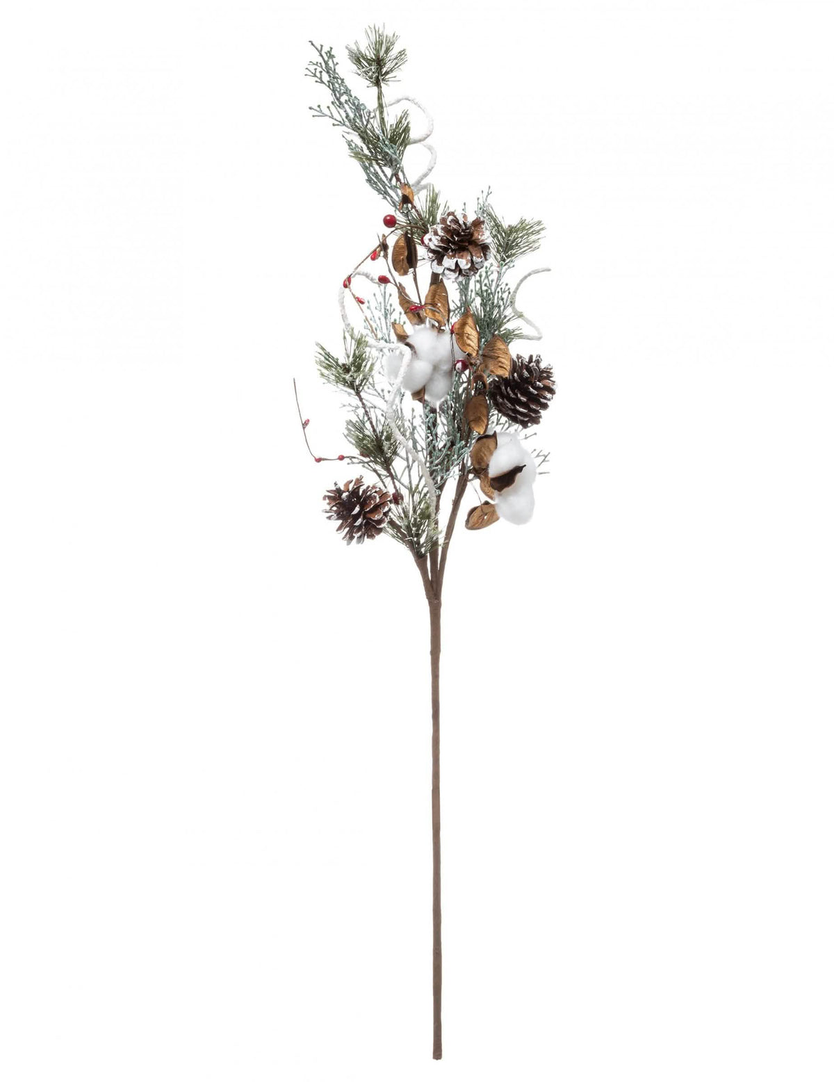 Ramură naturală cu conuri de brad și bumbac pentru decorațiuni de crăciun maro, alb și auriu