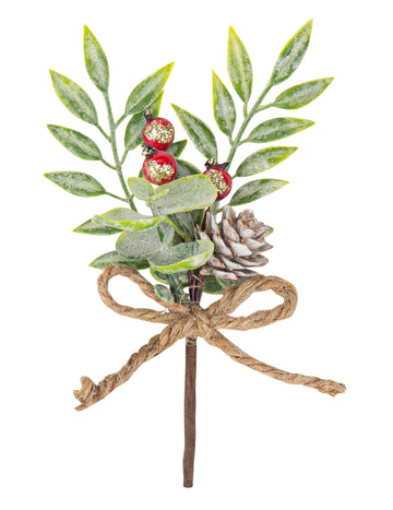 Ramură de frunze de con de pin și fructe de pădure roșii 15 cm Decorațiuni de Crăciun