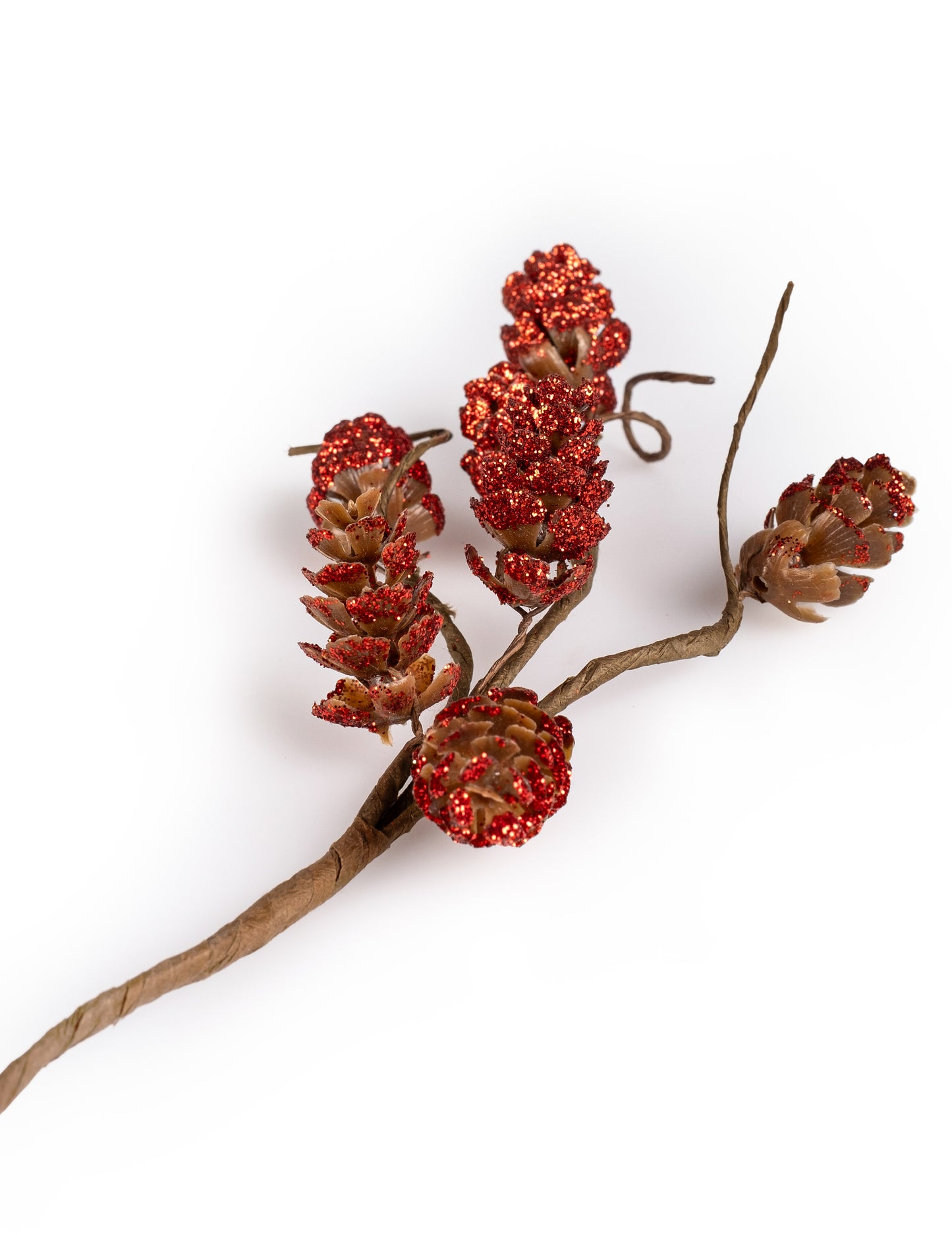 Ramură de conuri de pin cu sclipici roșu 23 cm 