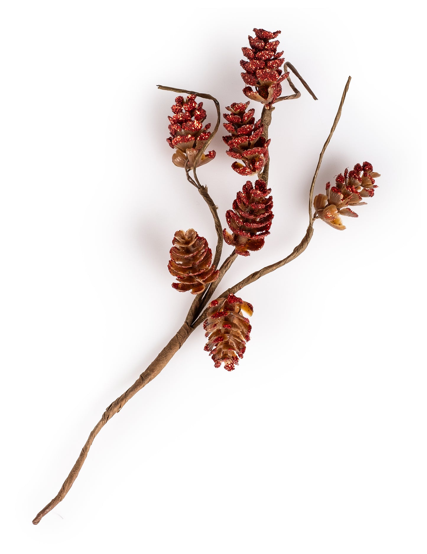 Ramură de conuri de pin cu sclipici roșu 23 cm 