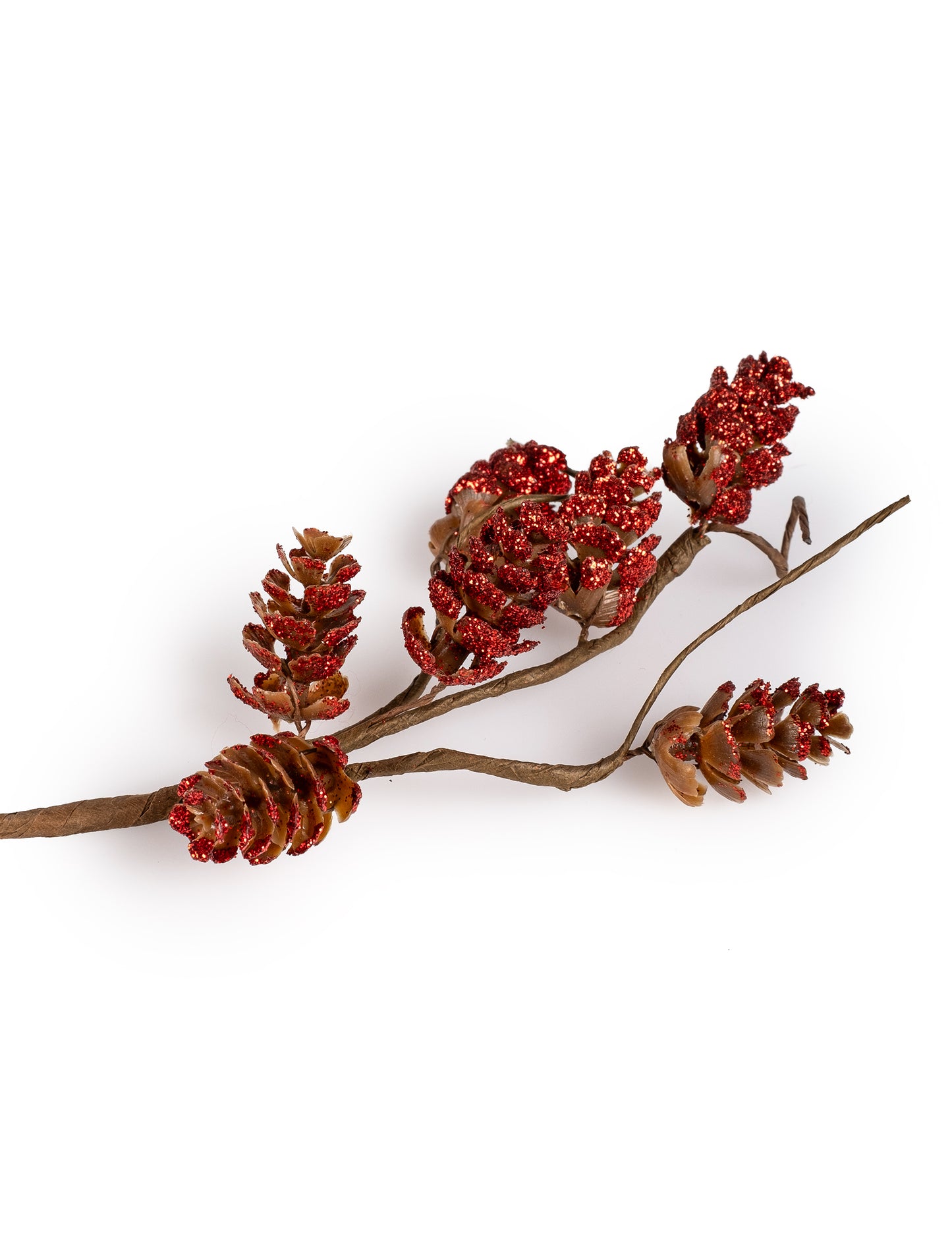 Ramură de conuri de pin cu sclipici roșu 23 cm 