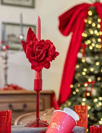 Branche de rose velours pailleté rouge 21 cm