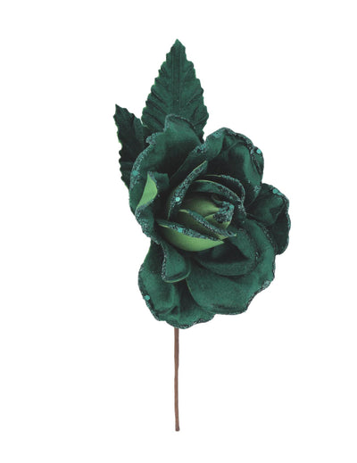 Crenguță cu trandafir din catifea cu sclipici verde închis 21 cm