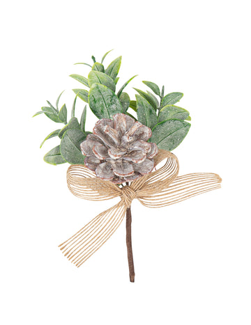 Creangă de con de pin și panglică de iută 14 cm eucalipt înghețat