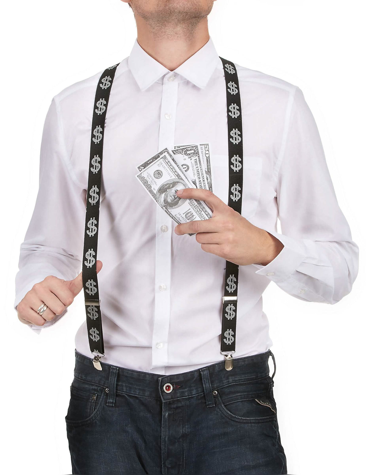 Bretele dollar pentru adult negre cu motive semne dollar