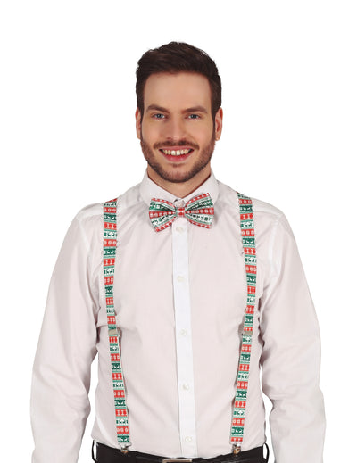 Bretelles motifs de Noël pour adulte rouge et vert avec nœud papillon