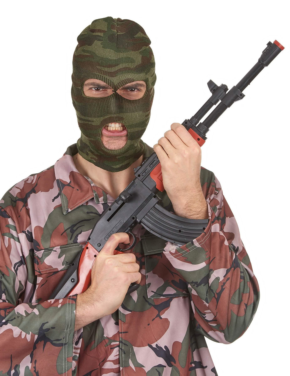 În scenă cu pușcă falsă a cagulei camuflaj pentru adult