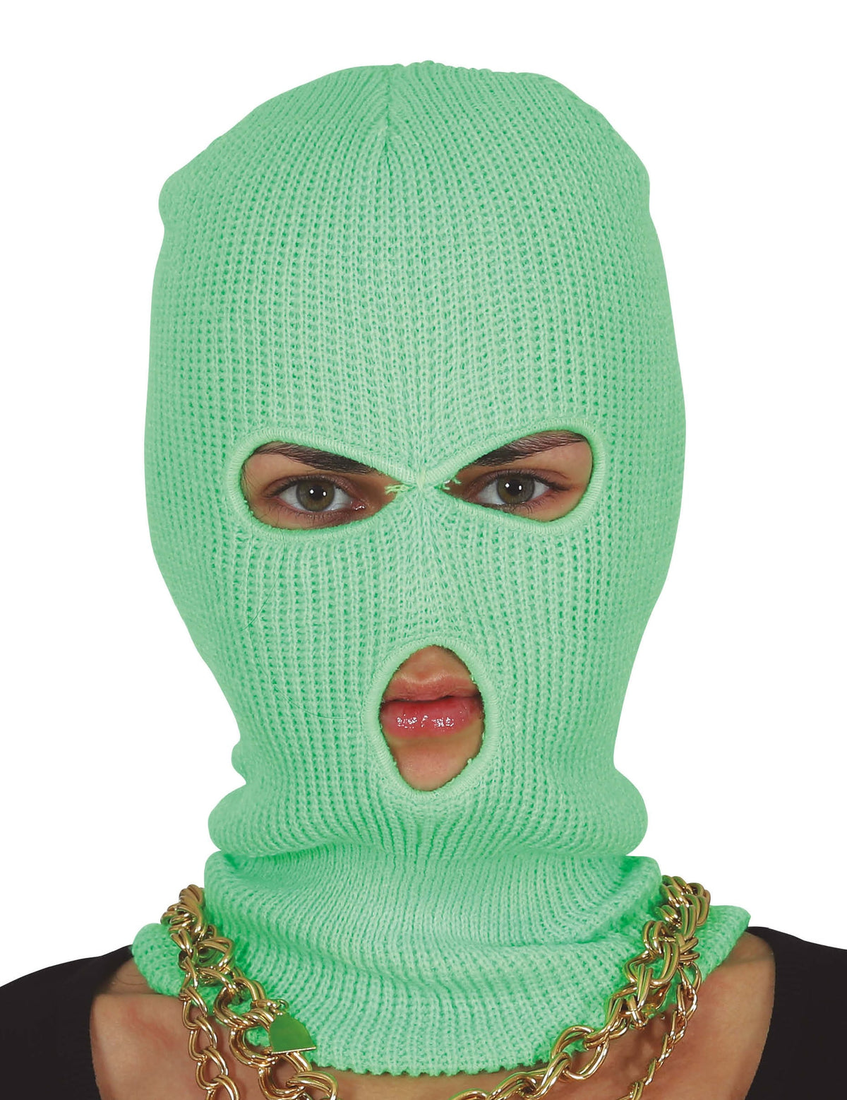 Gros plan sur les ouvertures de la cagoule néon vert pour adulte