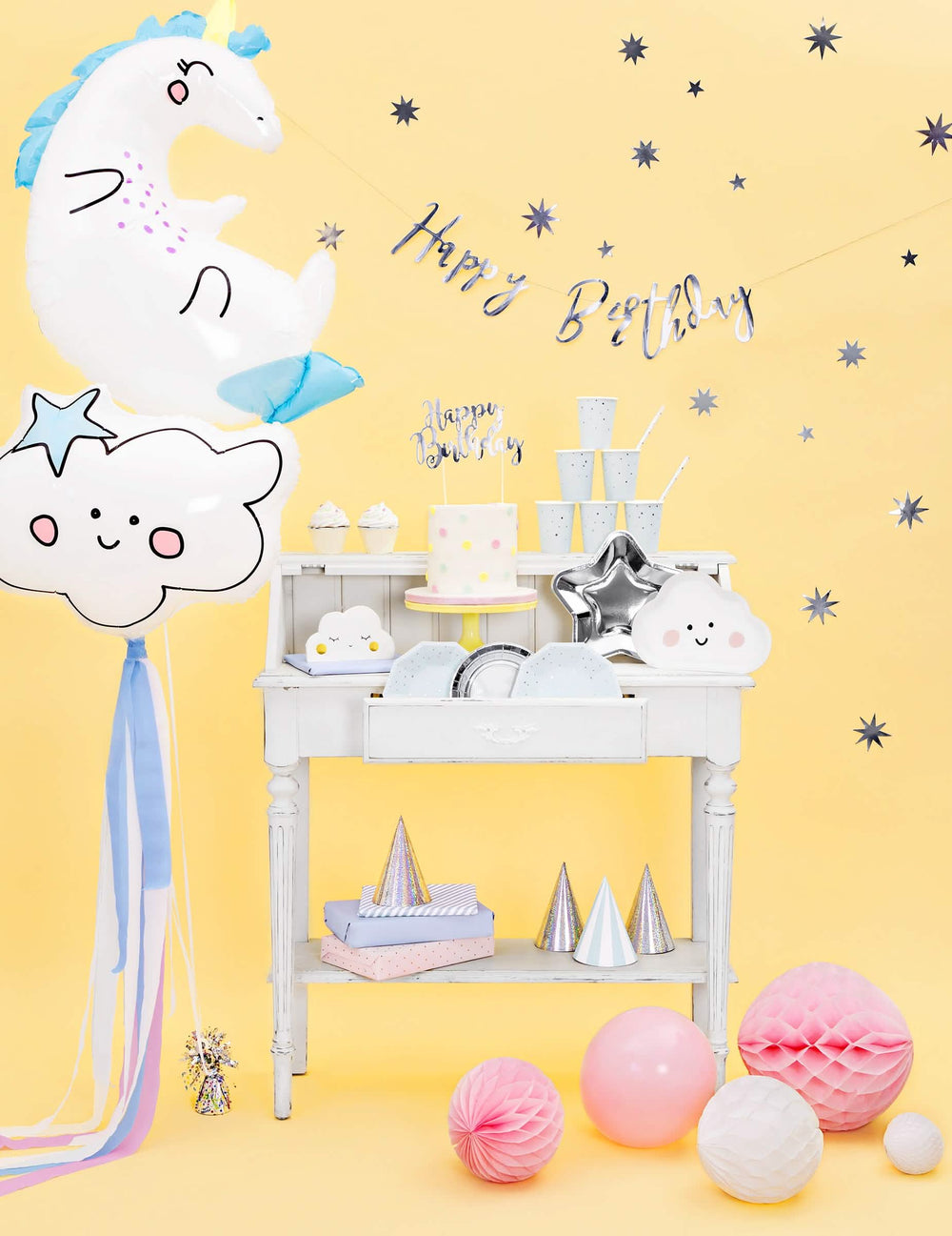 Cake topper din carton Happy Birthday pentru tort argintiu metalizat