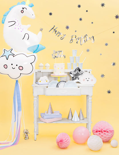 Cake topper en carton Happy Birthday pour gâteau argenté métallisé
