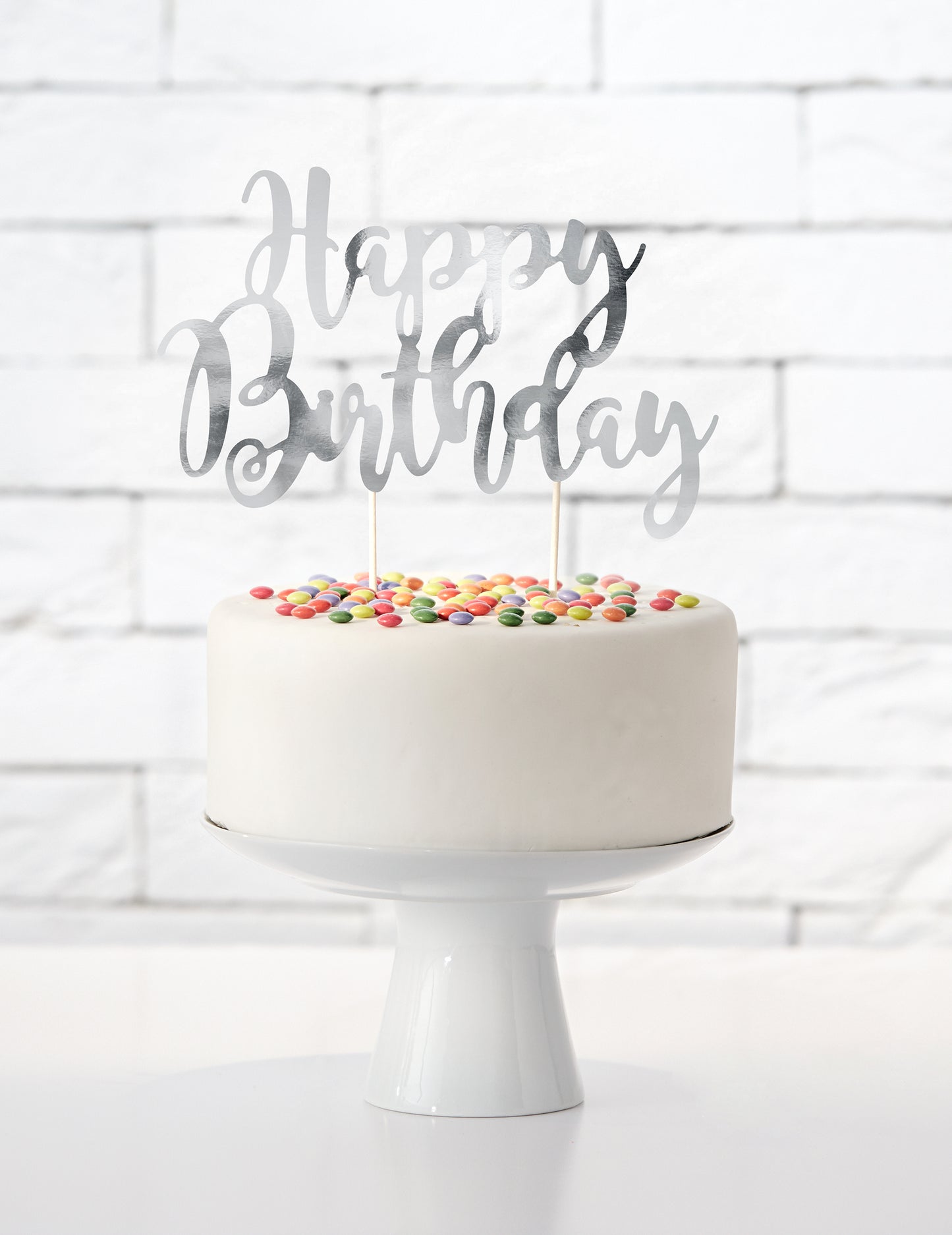 Cake topper en carton happy birthday argenté métallisé 22,5 cm pour gâteau
