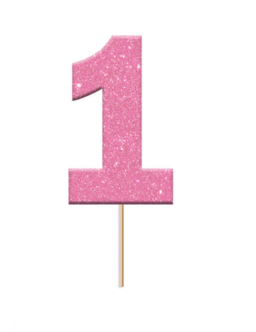 12 decoruri pentru tort din plastic, numărul 1, sclipici roz, cu scobitoare
