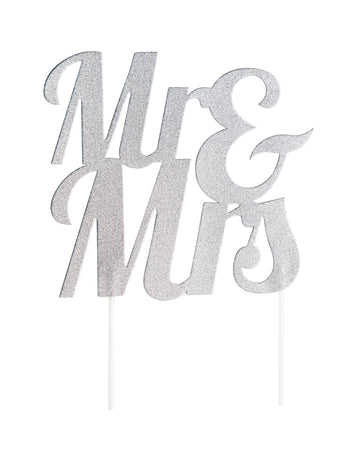 Decor de tort din plastic cu sclipici argintiu, cu tema „Mr. și Mrs.” (18 x 23) cm pentru nuntă