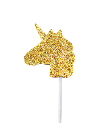 Decor tort cu cap de unicorn auriu 6.5 cm paiete