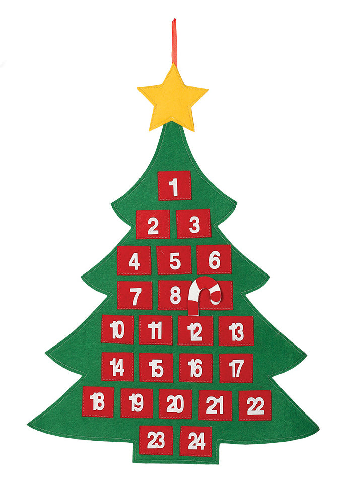 Calendrier de l'avent sapin de Noël vert et rouge en tissu avec étoile jaune