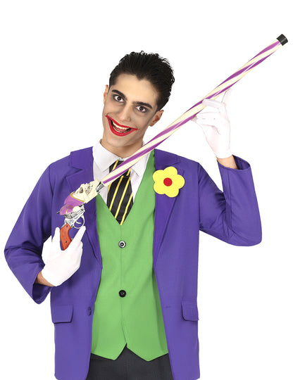 Canne pistolet joker fou pour adulte rayée violette et blanche avec manche tête de mort