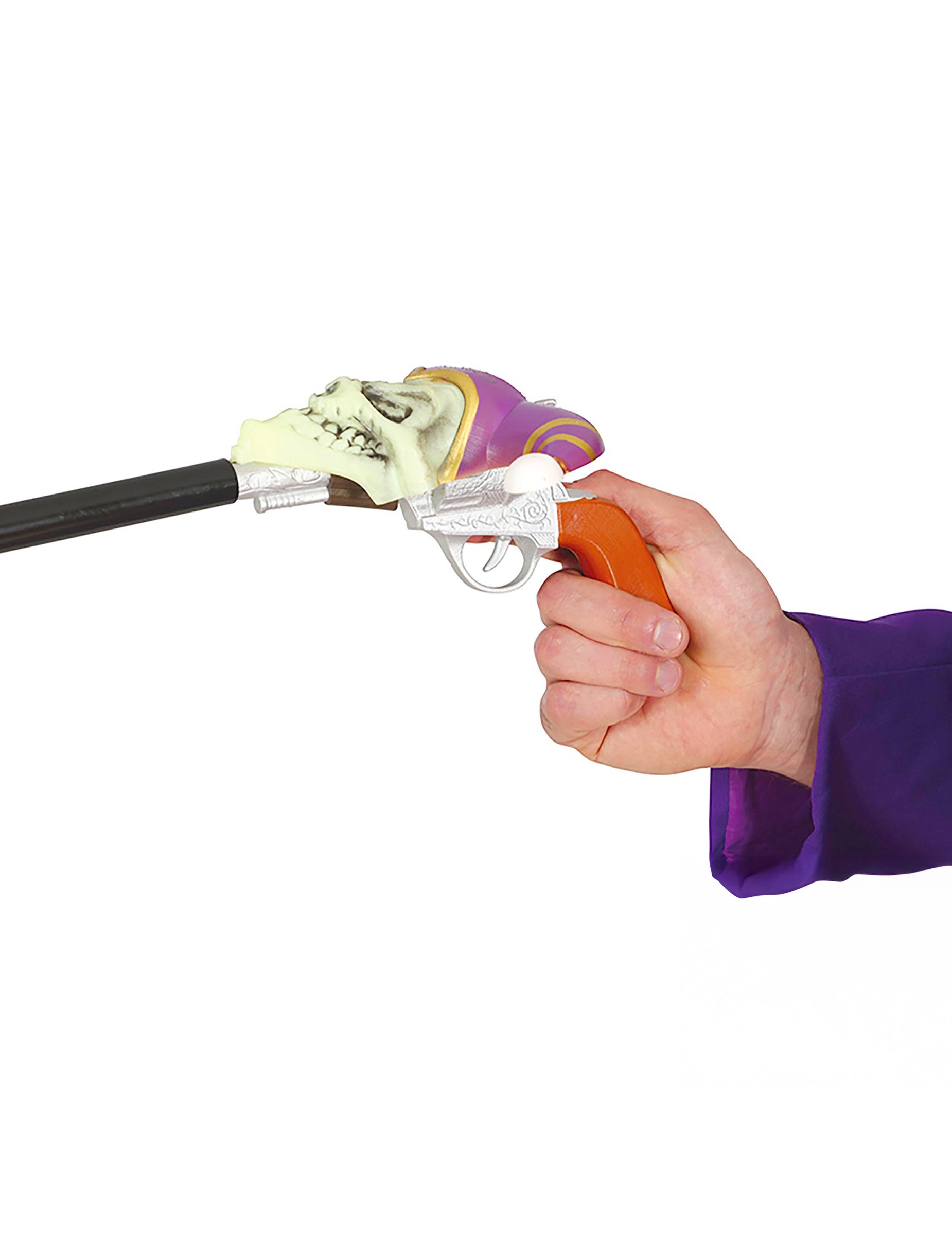Détail de la poignée en forme de pistolet de la canne pistolet joker fou