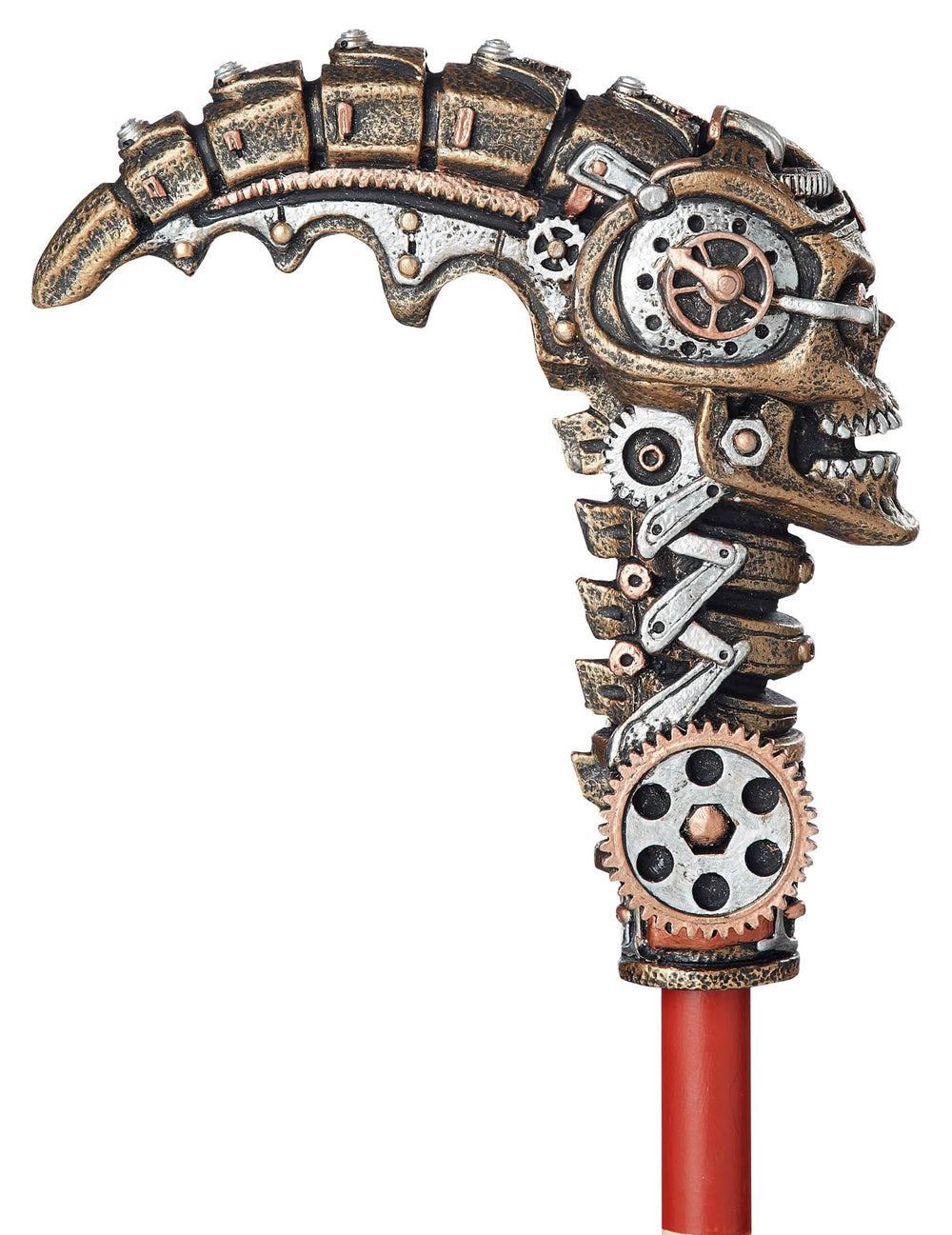 Detaliu al mânerului craniu mecanic al bastonului steampunk