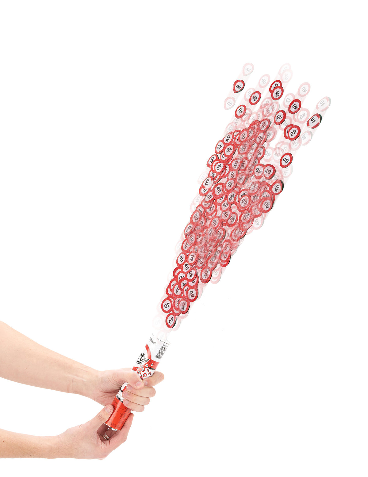 Canon à confettis anniversaire 40 ans pour fête rouge et blanc avec motifs panneaux de signalisation