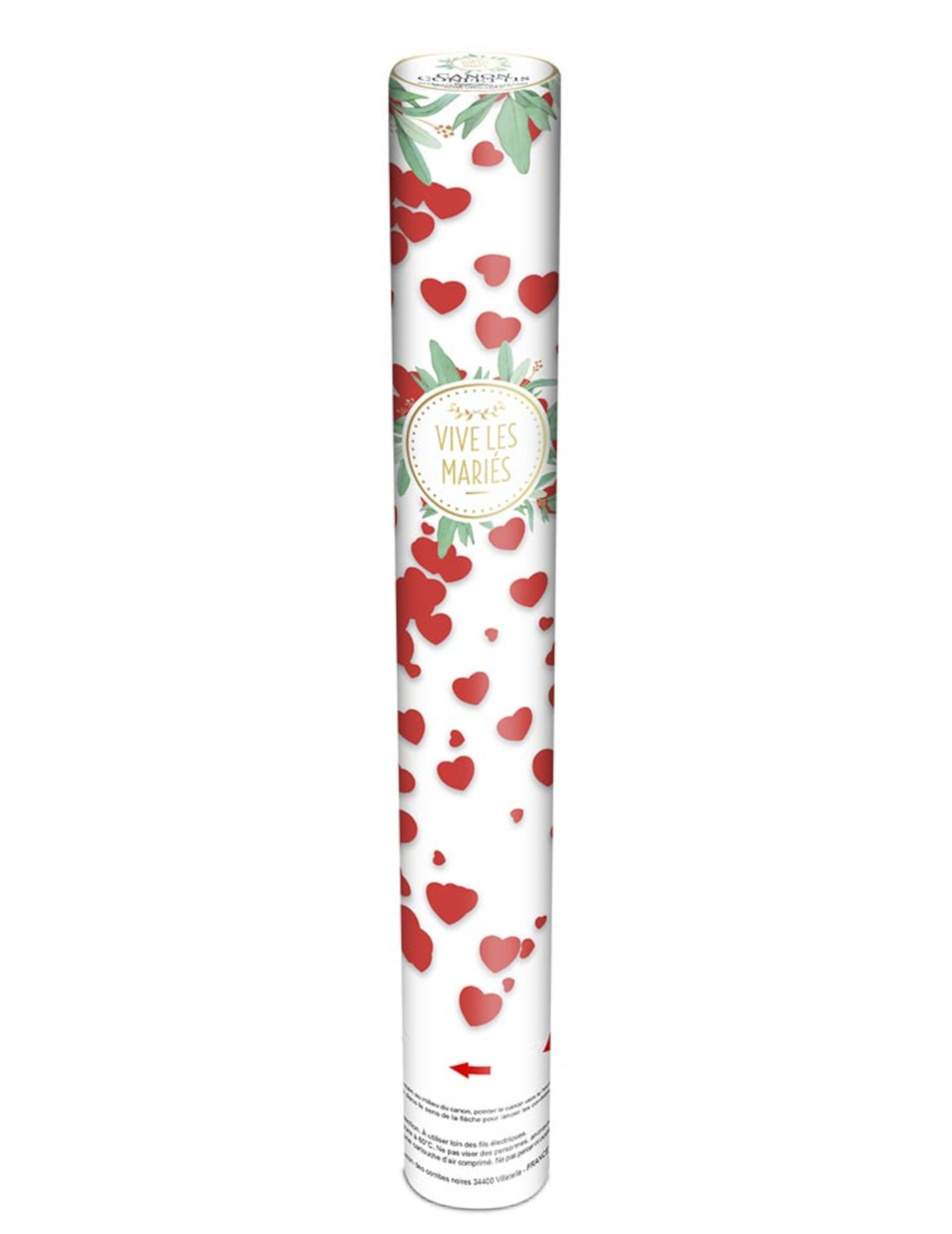 Détail de l'inscription Vive les mariés du canon à confettis cœurs rouges pour mariage