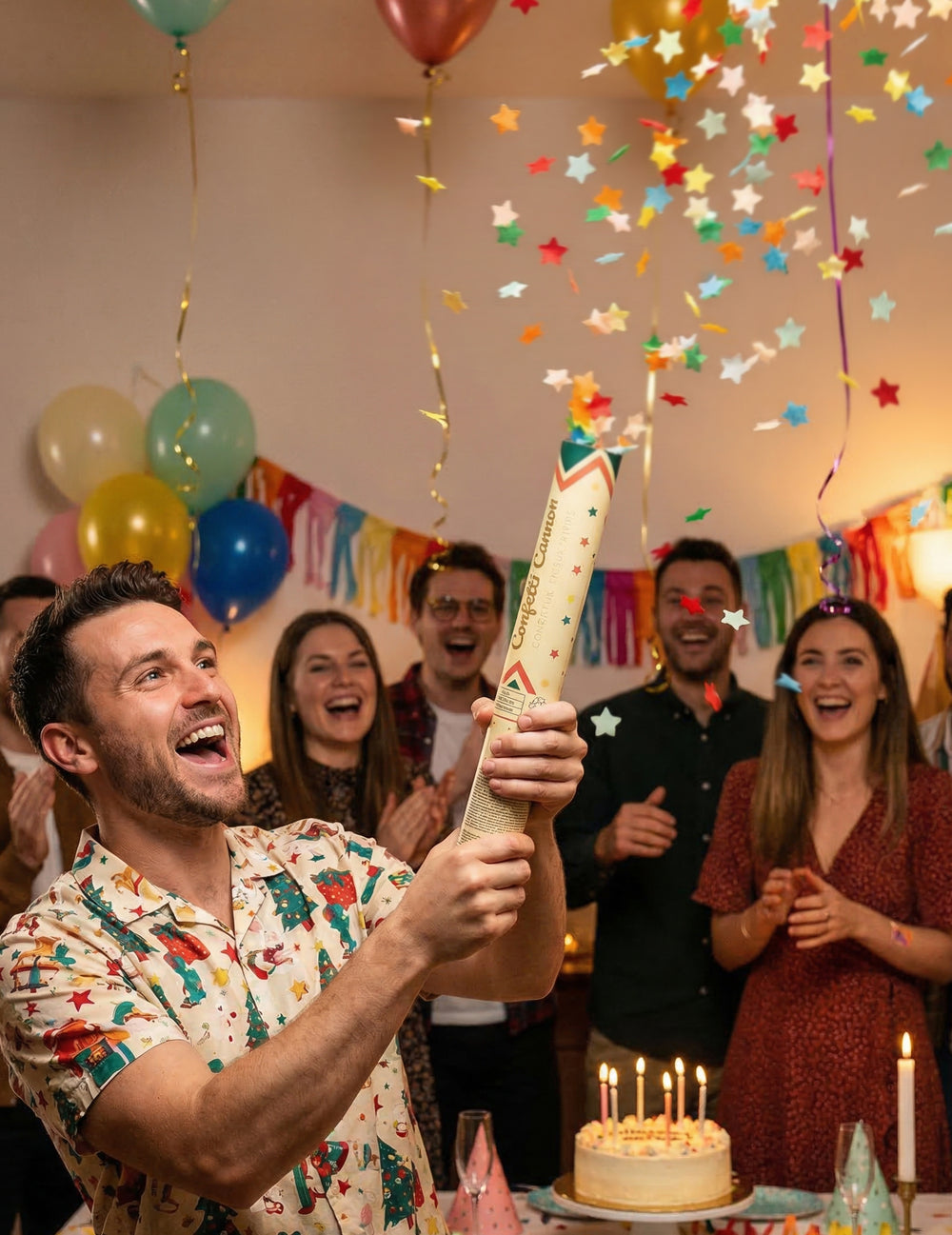Mise en situation du canon à confettis étoiles en papier multicolores