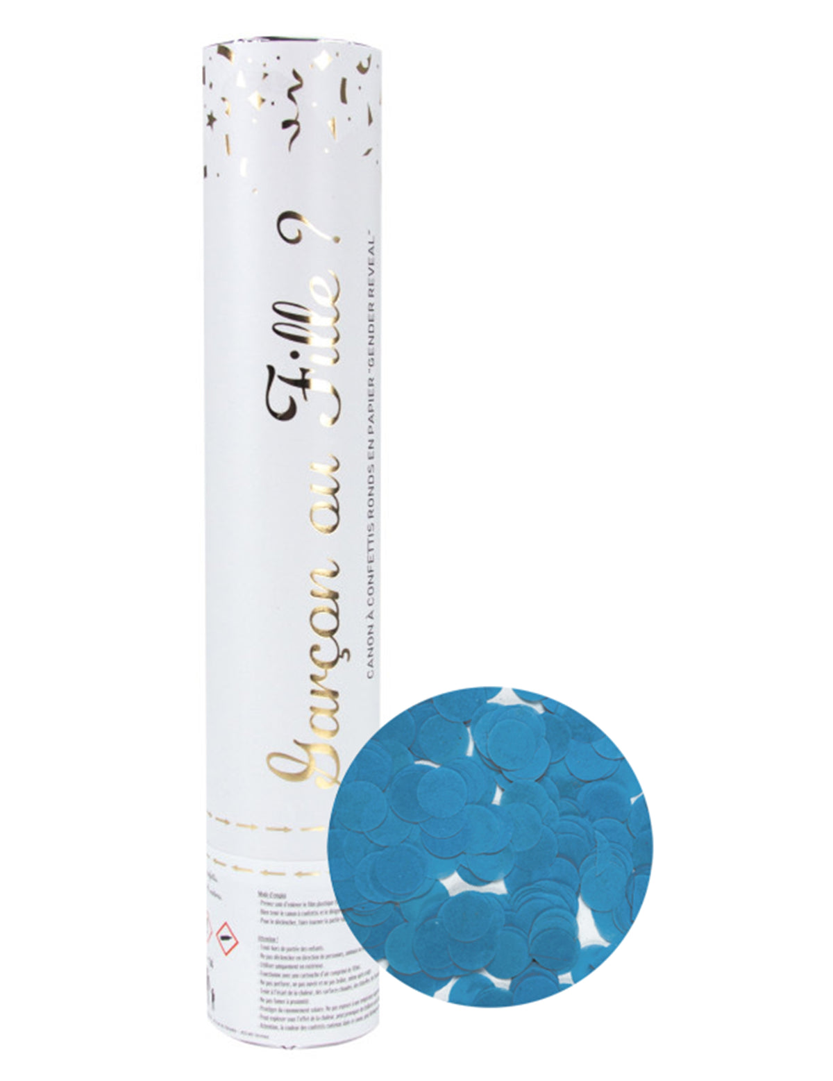Canon à confettis Gender Reveal bleu avec inscription dorée