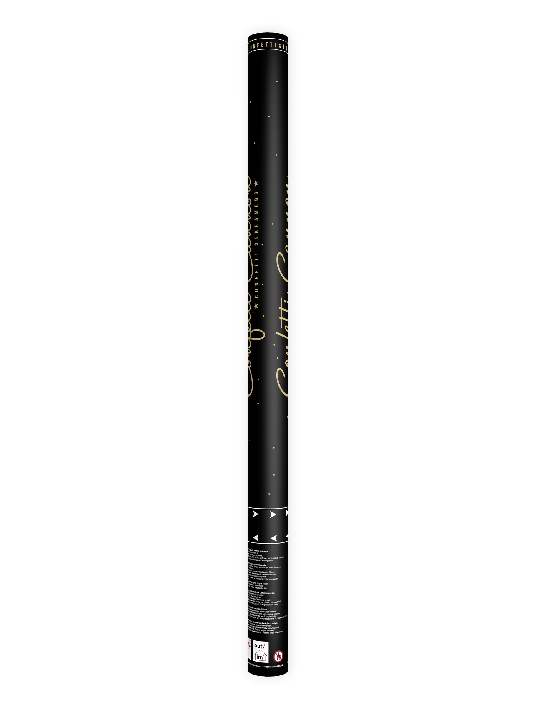 Vue du tube du canon à confettis serpentins dorés
