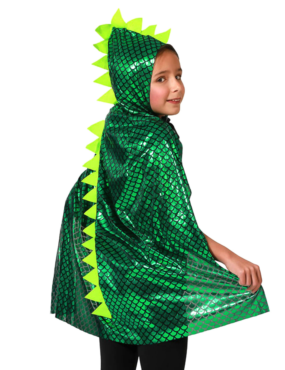 Cape à capuche dinosaure pour enfant vert à écailles avec crête jaune