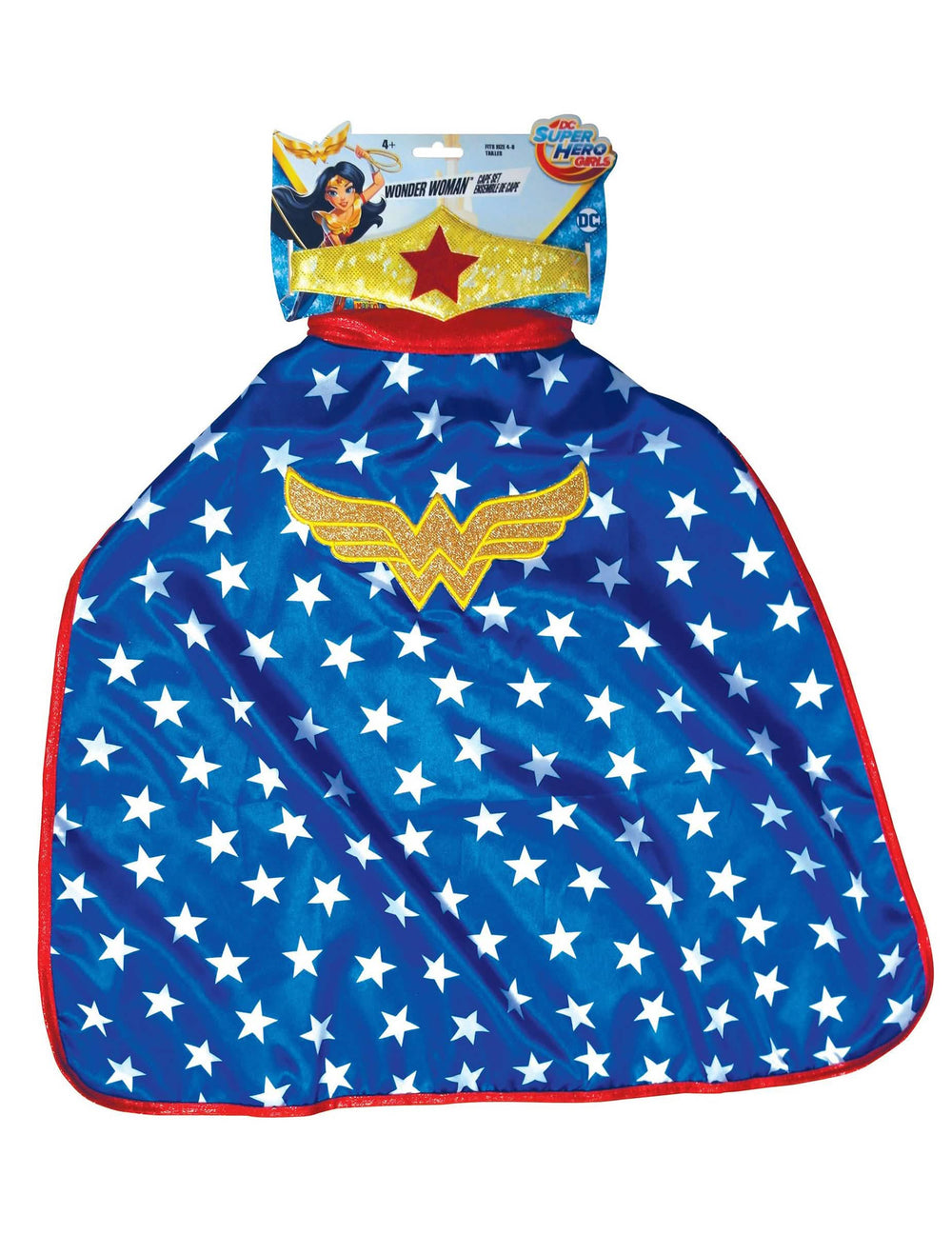 Imagine de ansamblu, pe plan, a pelerinei și a tiarei Wonder Woman Super Hero Girls