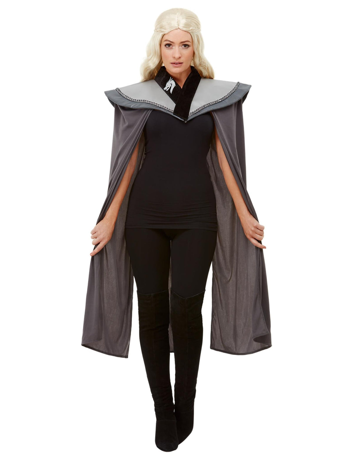 Cape médiévale pour femme grise avec col noir et blason dragon