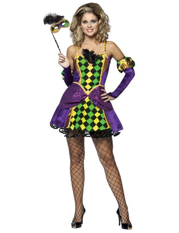 Déguisement d'arlequin de carnaval pour femme violet jaune et vert avec loup