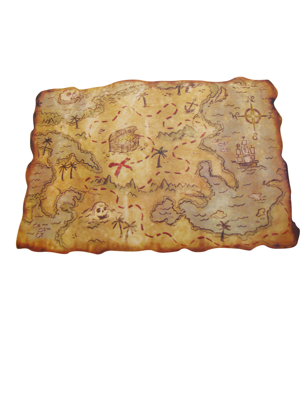 Carte en plastique pirate aspect vieux parchemin beige avec croix rouge et coffre au trésor