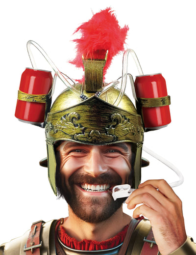 Casque anti-soif gladiateur pour adulte doré avec plume rouge et porte-canettes