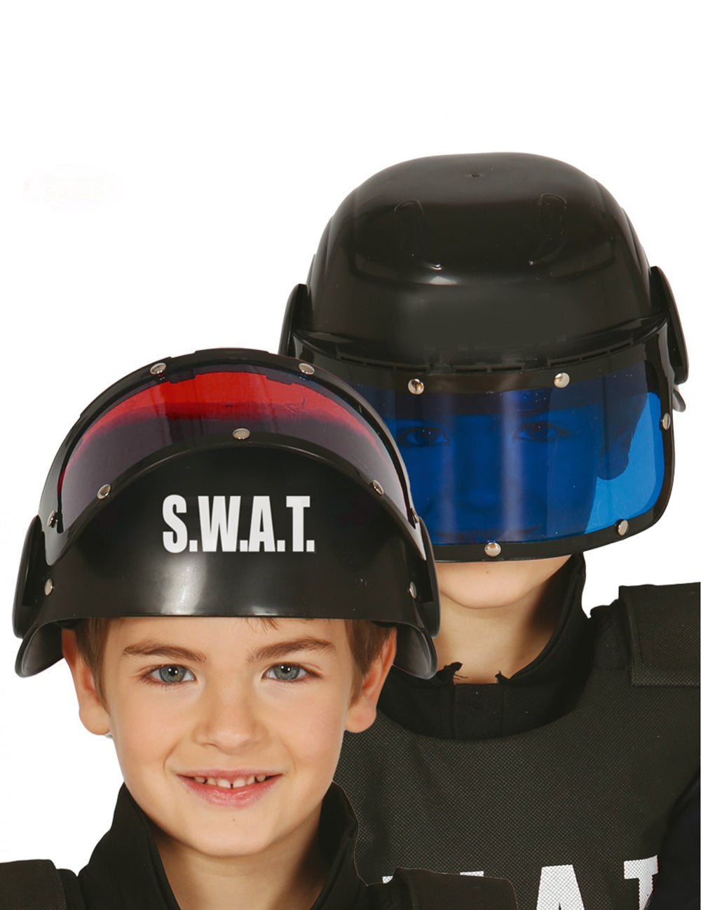 Casque avec visière SWAT pour enfant noir avec marquage blanc et visière bleue