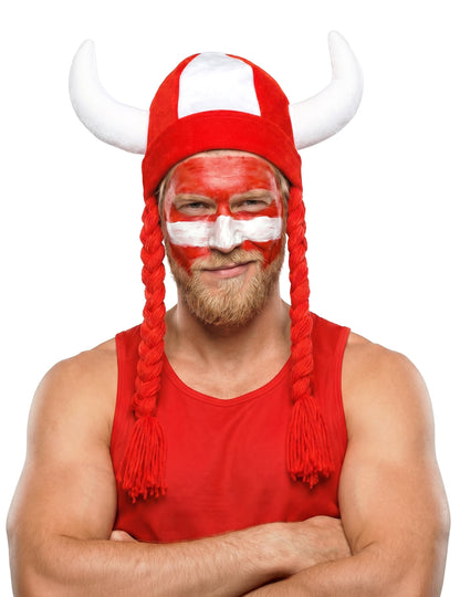 Casque en tissu avec cornes et tresses supporter blanc et rouge