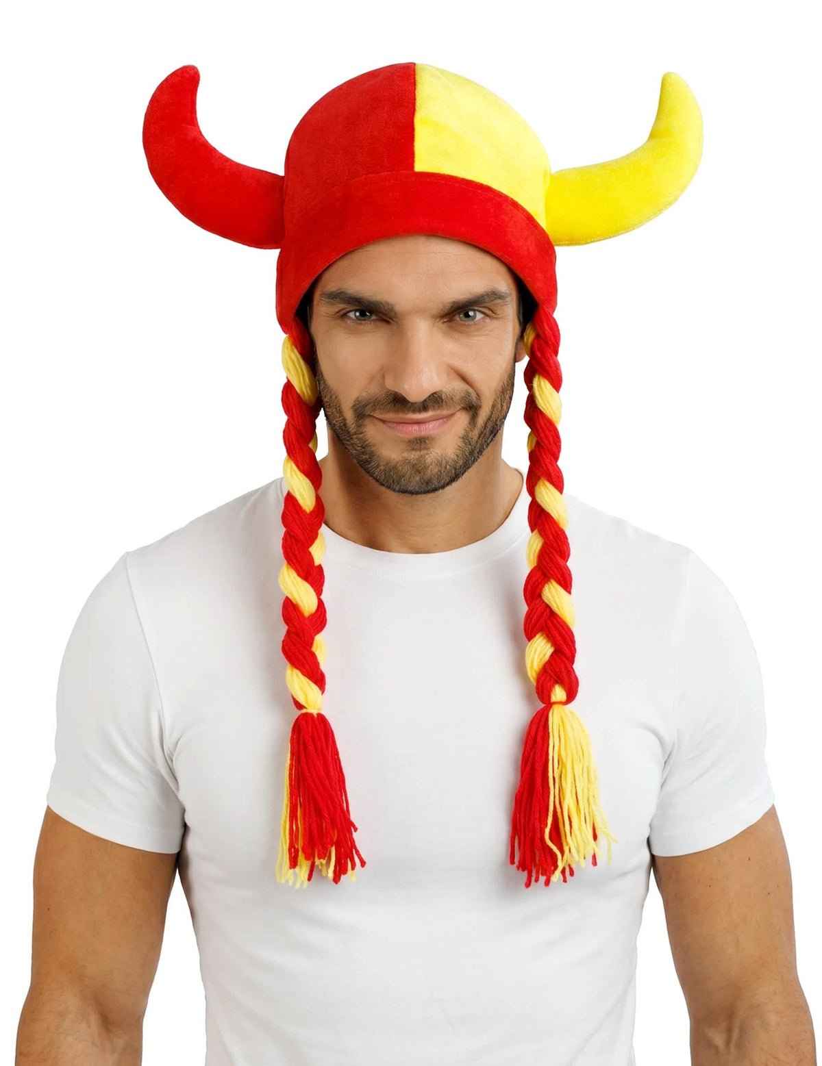 Casque en tissu avec cornes et tresses supporter rouge et jaune Espagne