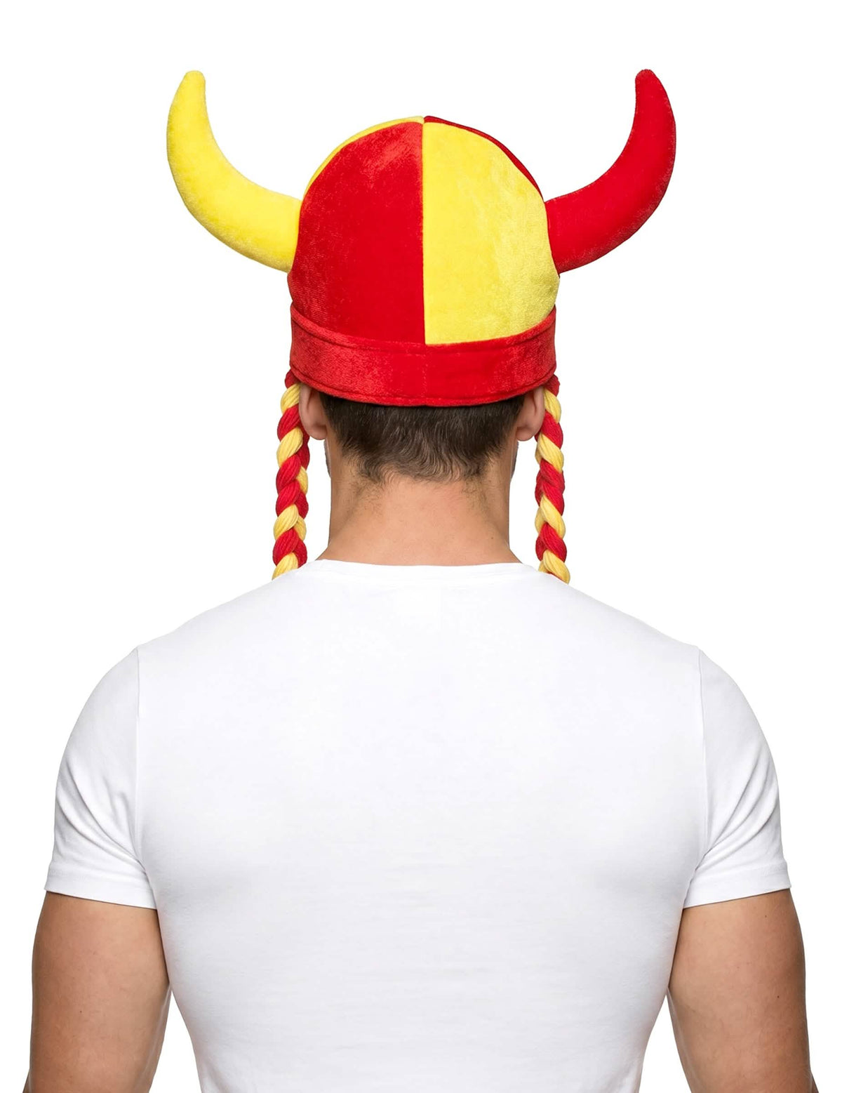 Casque en tissu avec cornes et tresses supporter rouge et jaune Espagne